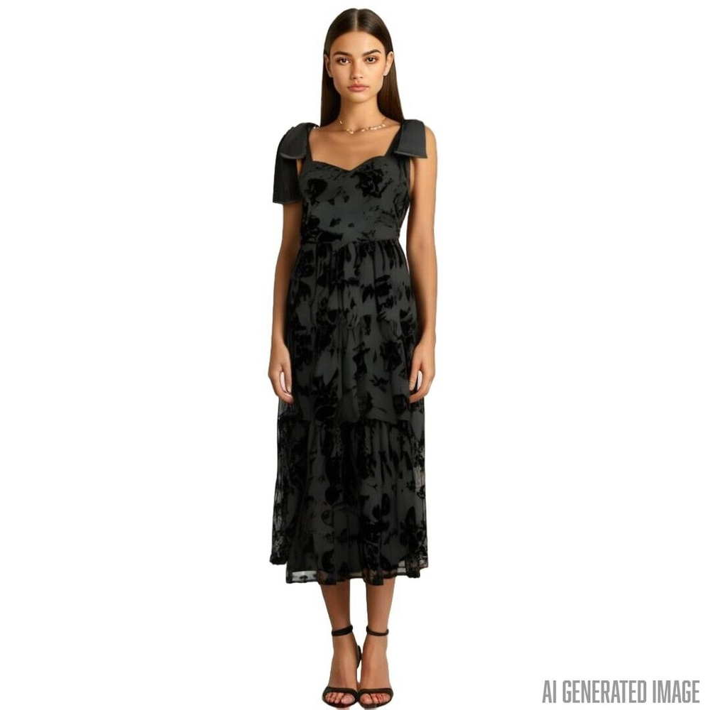 Lulus Burnout Velvet Floral Tie-Strap Midi Dress Large Black NWT Holiday Party